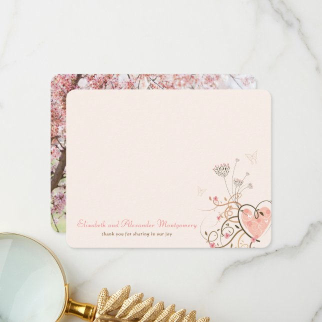 Pink Sweet Heart & Butterfells Blumenchic Wedding Dankeskarte (Vorderseite/Rückseite Beispiel)