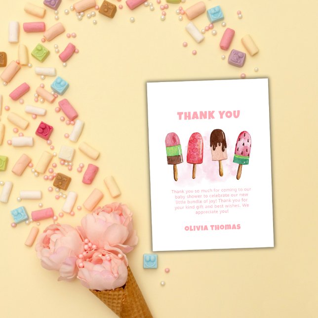Pink Sweet Ice Cream Popcicle Baby Dusche Willkomm Dankeskarte (Pink Sweet Ice Cream Popcicle Baby Shower Welcome Thank You Card)