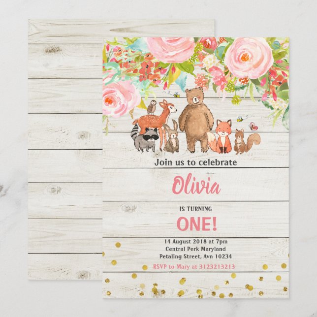 Pink Sweet Rustic Woodland Animal 1. Geburtstag Einladung (Vorne/Hinten)