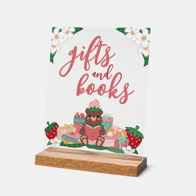 Pink Sweet Strawberry Bear gibt Bücher Kinderdusch Acrylschild (Winkel)