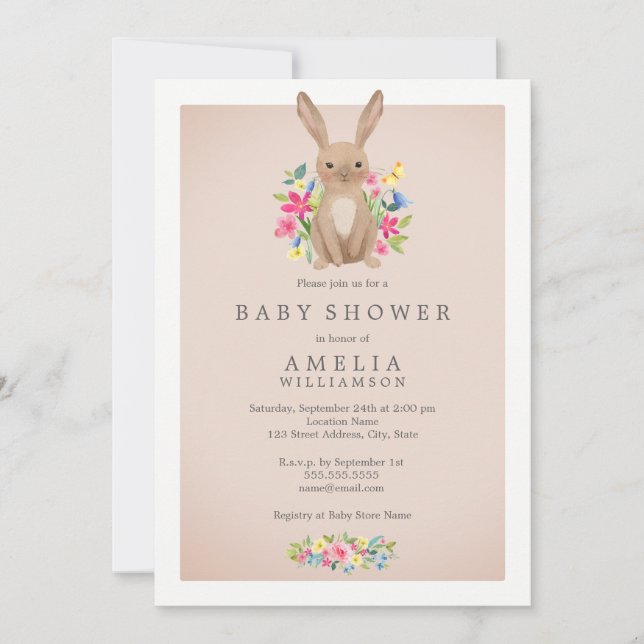 Pink Sweet Woodland Bunny Baby Dusche Einladung (Vorderseite)