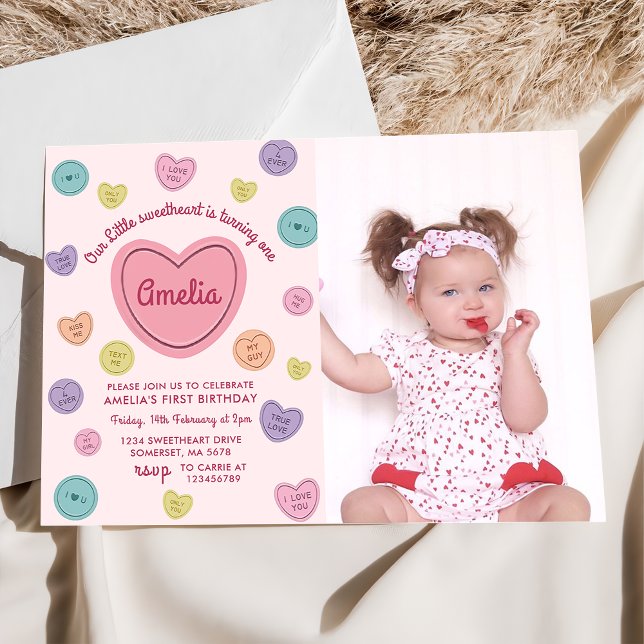 Pink Sweetheart Candy Valentine Birthday Foto Einladung (Von Creator hochgeladen)