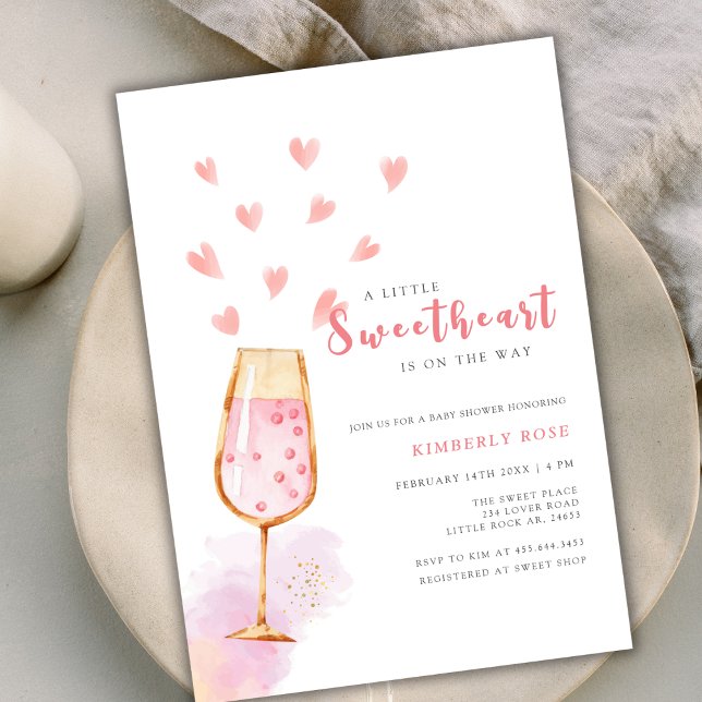 Pink Sweetheart Champagne Valentines Baby Dusche Einladung (Pink Sweetheart Champagne Valentines Baby Shower Invitation)