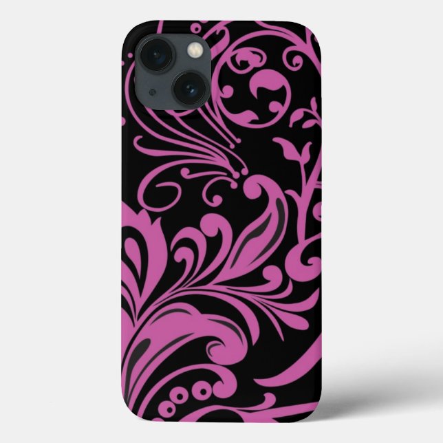 Pink SwirbelDamask Muster auf schwarz Case-Mate iPhone Hülle (Rückseite)