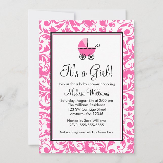Pink Swirl Damask Carriage Girl Babydusche Einladung (Vorderseite)