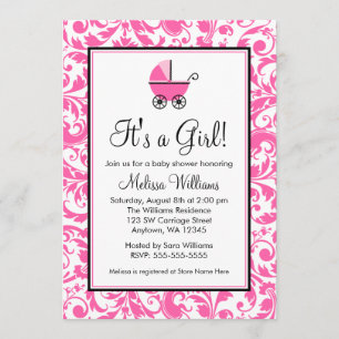 Pink Swirl Damask Carriage Girl Babydusche Einladung