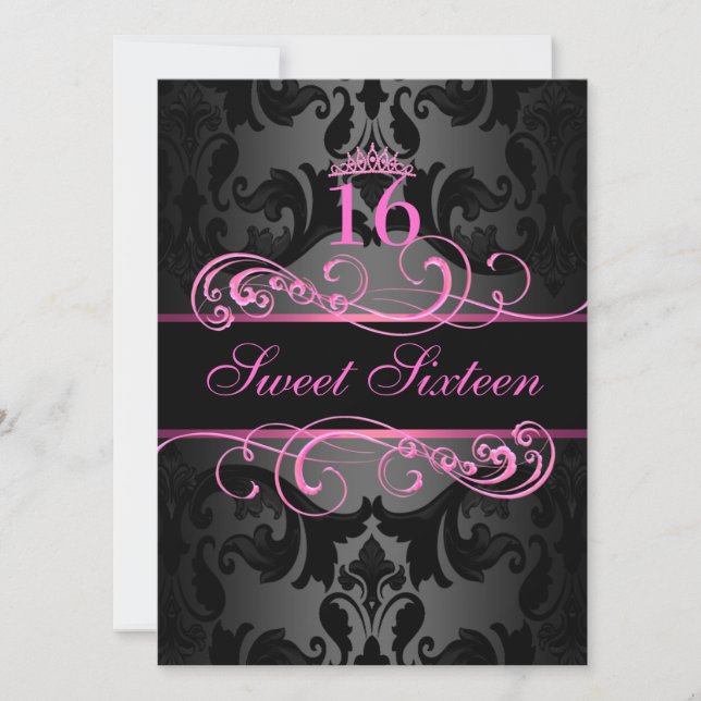 Pink Swirl Damask Sweet16 Birthday Einladung (Vorderseite)