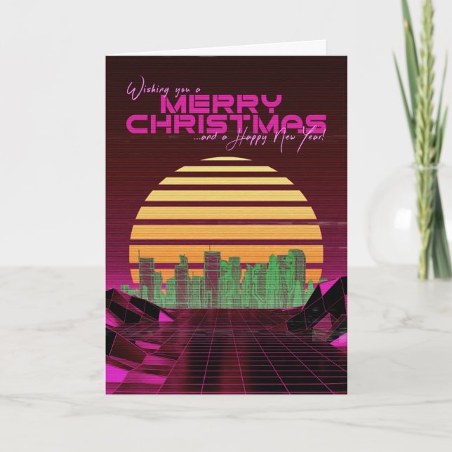 Pink Synthwave Weihnachtskarte Feiertagskarte (Vorderseite)