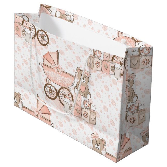 PINK & TAN BABY GIRL PRAM BLOCKS GROßE GESCHENKTÜTE (Vorderseite Schrägansicht)