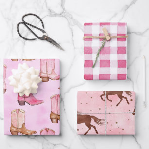 Pink Tan Cowgirl Stiefel Pferde Geburtstag Geschenkpapier Set