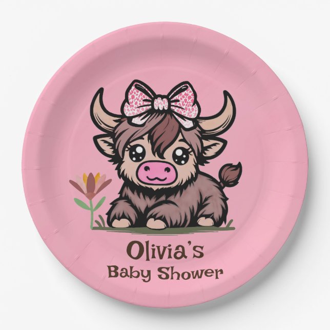 Pink Tan Highland Cow Girl Babydusche Pappteller (Vorderseite)