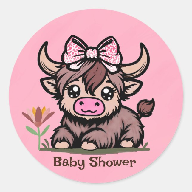 Pink Tan Highland Cow Girl Babydusche Runder Aufkleber (Vorderseite)