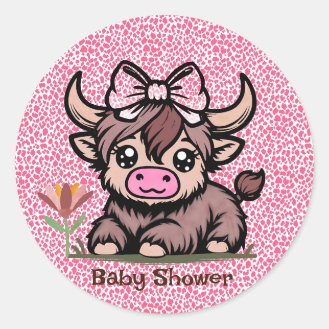 Pink Tan Highland Cow Girl Babydusche Runder Aufkleber (Vorderseite)
