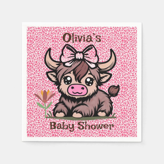 Pink Tan Highland Cow Girl Babydusche Serviette (Vorderseite)