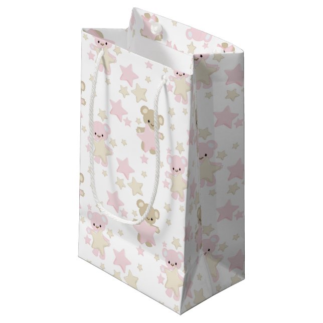 PINK & TAN TEDDY BÄREN UND STERNE KLEINE GESCHENKTÜTE (Vorderseite Schrägansicht)