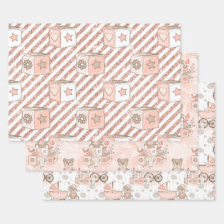 PINK & TAN WATERCOLOR BABY MÄDCHEN BLOCKS BEARS GESCHENKPAPIER SET