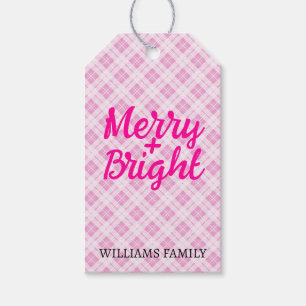 Pink tartan Christmas Merry Bright Familienname Geschenkanhänger