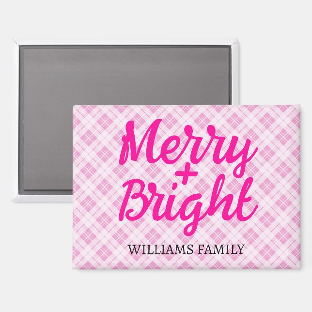 Pink tartan Christmas Merry Bright Familienname Magnet (Vorderseite/Rückseite)