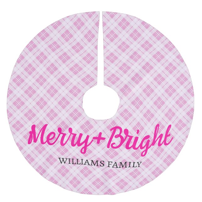 Pink tartan Christmas Merry Bright Familienname Polyester Weihnachtsbaumdecke (Vorderseite)
