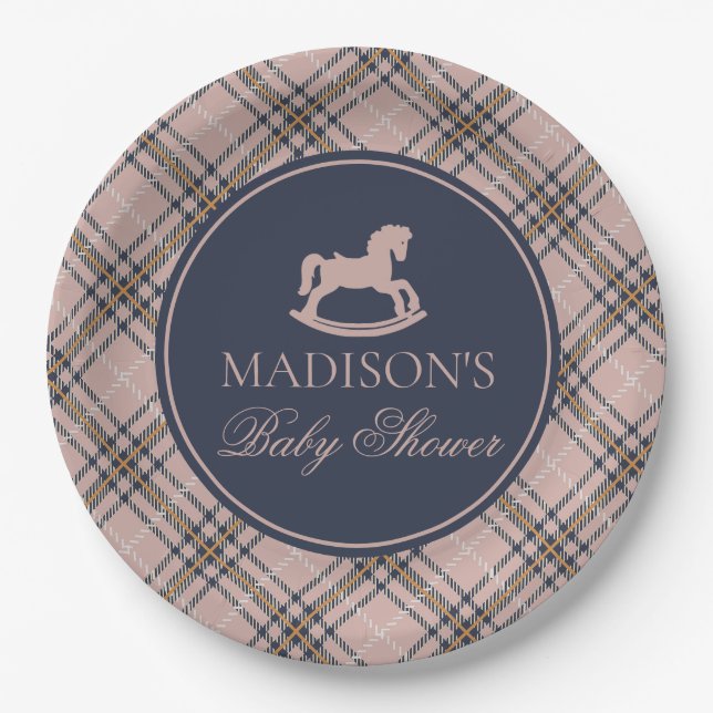Pink Tartan Plaid Rocking Horse Baby Shower Pappteller (Vorderseite)