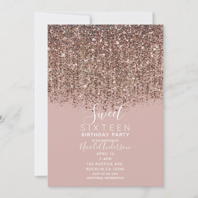 Pink Taupe Bronze Gold Glitzer Sweet 16 Party Einladung (Vorderseite)