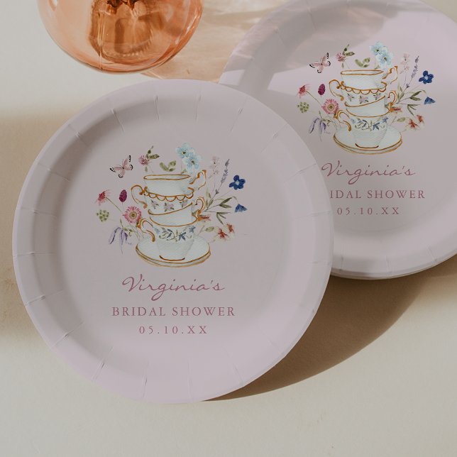 Pink Tea Party Papierplatte Pappteller (Pink Tea Party Paper Plates with Butterfly by Painted Paperie
)