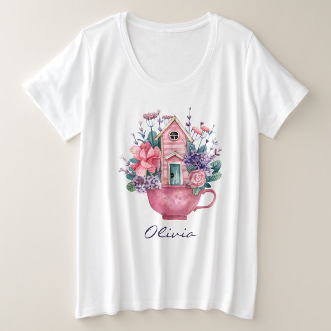 Pink Teacup Fairytale House Womens White Große Größe T-Shirt (Design vorne)