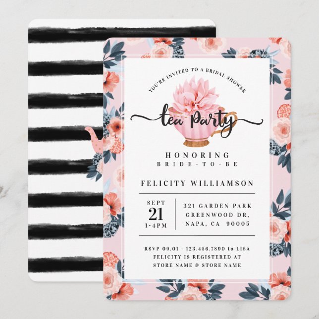 Pink Teacup Tea Party Bridal Dusche Einladung (Vorne/Hinten)