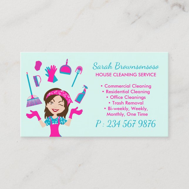 Pink teal Cartoon House Cleaning Service Visitenkarte (Vorderseite)