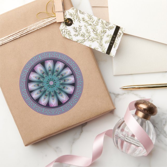 Pink & Teal Flower Mandala  Runder Aufkleber (Schenken)