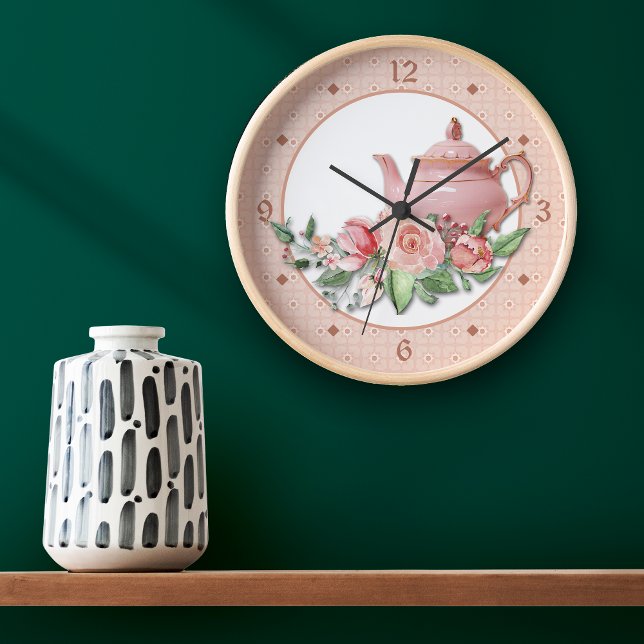 Pink Teapot Floral Große Wanduhr (Von Creator hochgeladen)