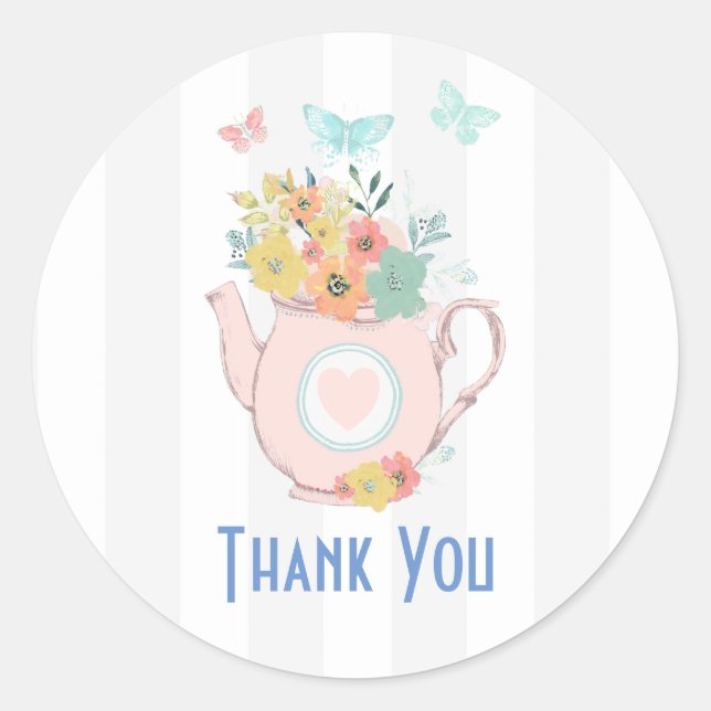 Pink Teapot mit Blume & Schmetterlingen Vielen Dan Runder Aufkleber (Vorderseite)