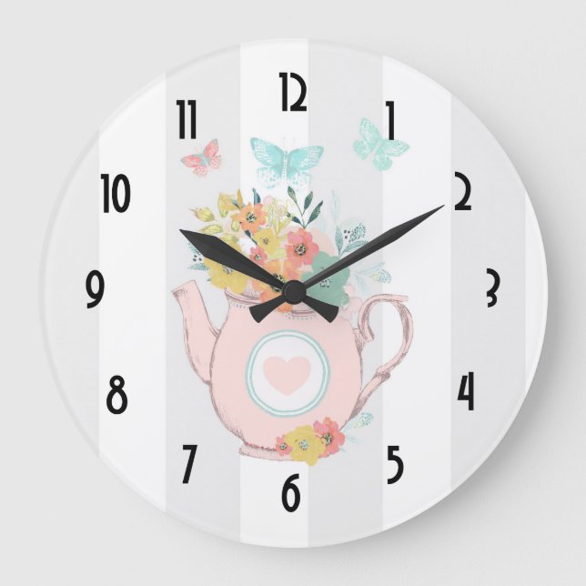 Pink Teapot with Flowers & Butterflies Große Wanduhr (Vorderseite)