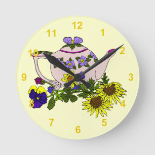 Pink Teapot With Flowers on Yellow Runde Wanduhr