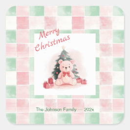 Pink Teddy Bär Niedlich Weihnachten Quadratischer Aufkleber