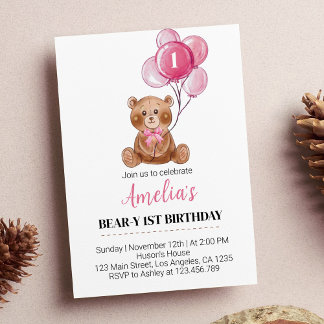 Pink Teddy Bären Balloons Erster Geburtstag Einlad Einladung
