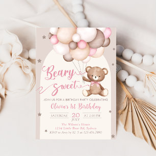 Pink Teddy Bären Balloons Girl Birthday Einladung