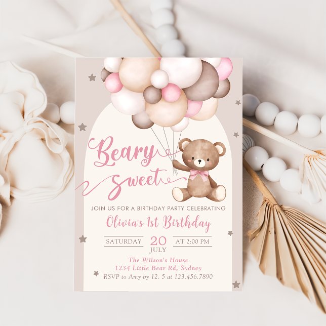 Pink Teddy Bären Balloons Girl Birthday Einladung (Von Creator hochgeladen)