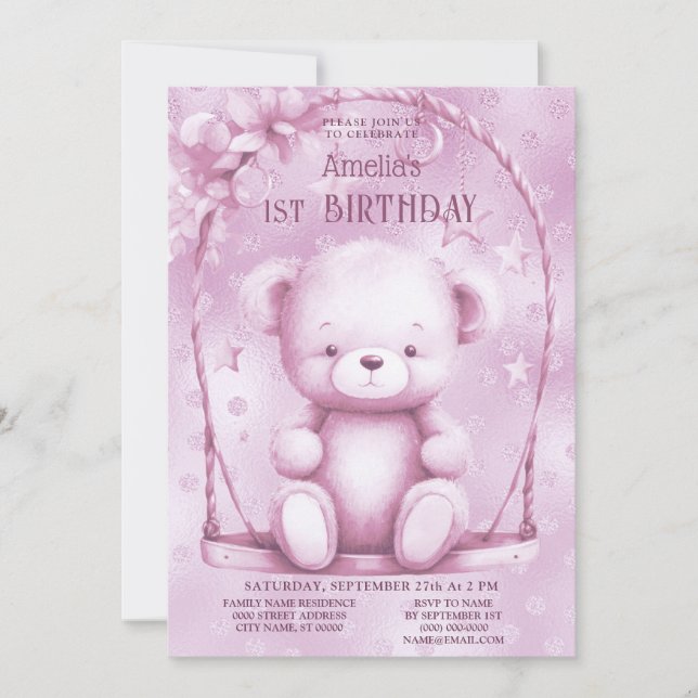 Pink Teddy Bear 1. Geburtstag Einladung (Vorderseite)