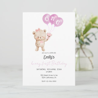 Pink Teddy Bear 1st Birthday Party for Girl Einladung