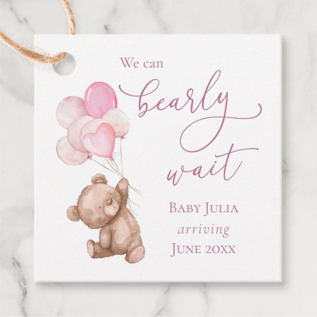 Pink Teddy Bear Baby Dusche abwarten Geschenkanhänger (Vorderseite)