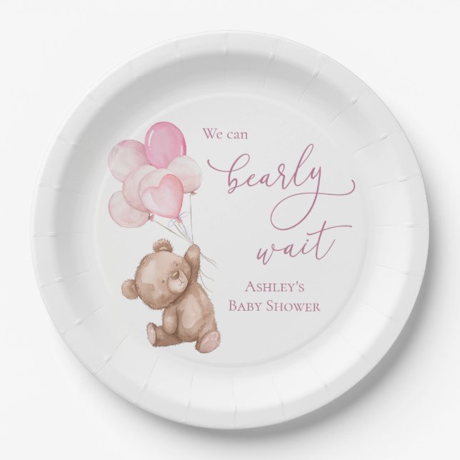 Pink Teddy Bear Baby Dusche abwarten Pappteller (Vorderseite)