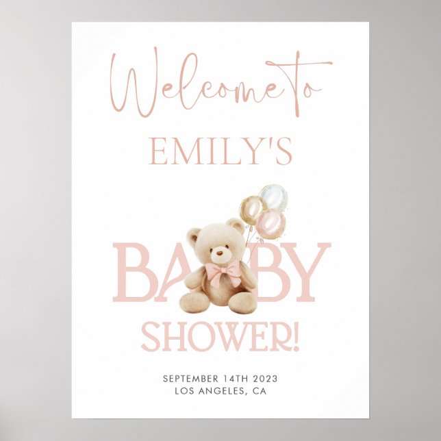 Pink Teddy Bear Baby Dusche Begrüßungszeichen Poster (Vorne)