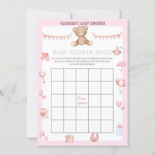 Pink Teddy Bear Baby Dusche - bestellbarer Name, 1 Einladung
