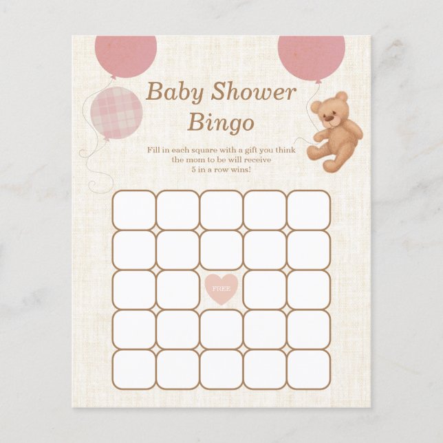 Pink Teddy Bear Baby Dusche Bingo Spiel (Vorderseite)