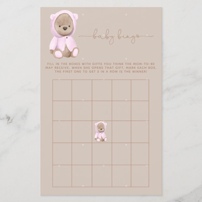 Pink Teddy Bear Baby Dusche Bingo Spiel Flyer (Vorne)