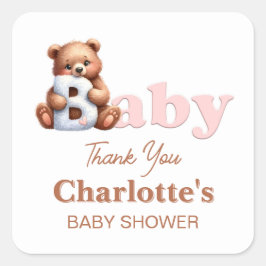 Pink Teddy Bear Baby Dusche Danke Quadratischer Aufkleber