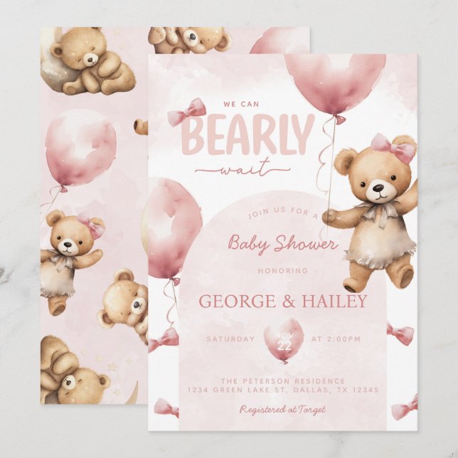Pink Teddy Bear Baby Dusche Einladung (Vorne/Hinten)