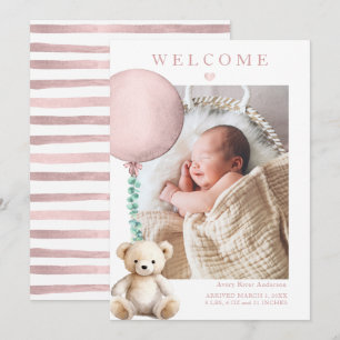 Pink Teddy Bear Baby Girl Foto Geburtsankündigung Einladung