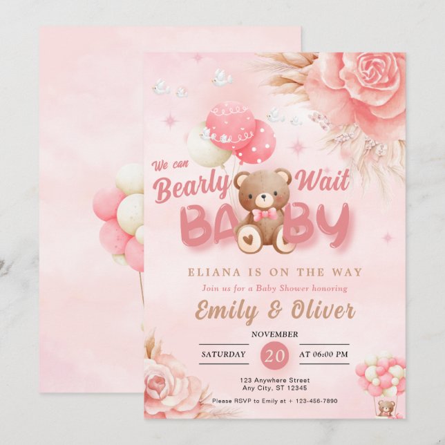 Pink Teddy Bear Baby Shower Einladung warten (Vorne/Hinten)